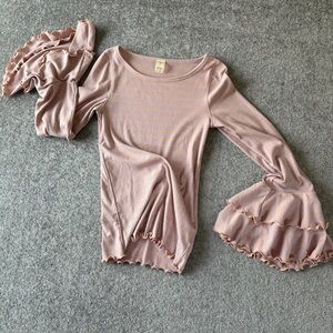 Free People Ribbed Pink/Cream Striped Ruffled Bell Cuffs Top Women's Size Medium